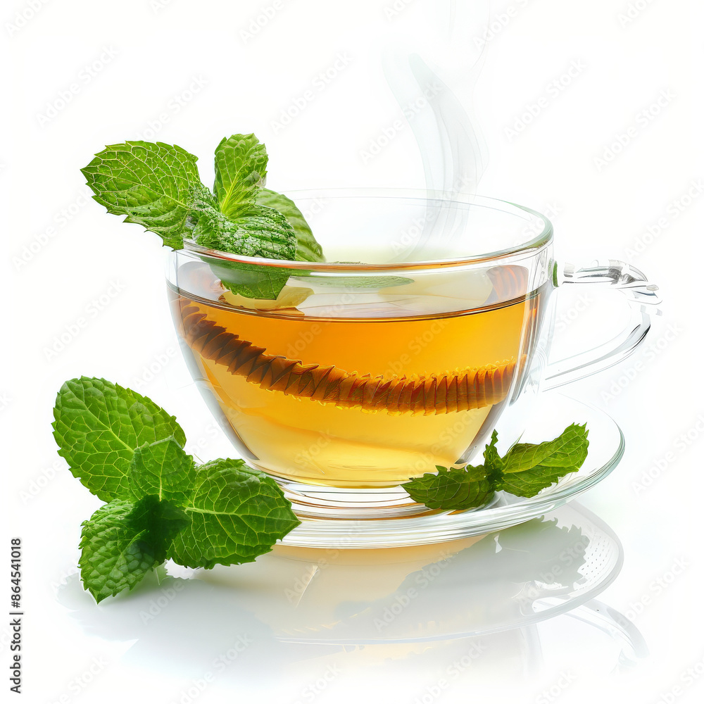 A steaming cup of peppermint tea with fresh peppermint leaves, isolated on white background A steaming cup of peppermint tea with fresh peppermint leaves, isolated on white background