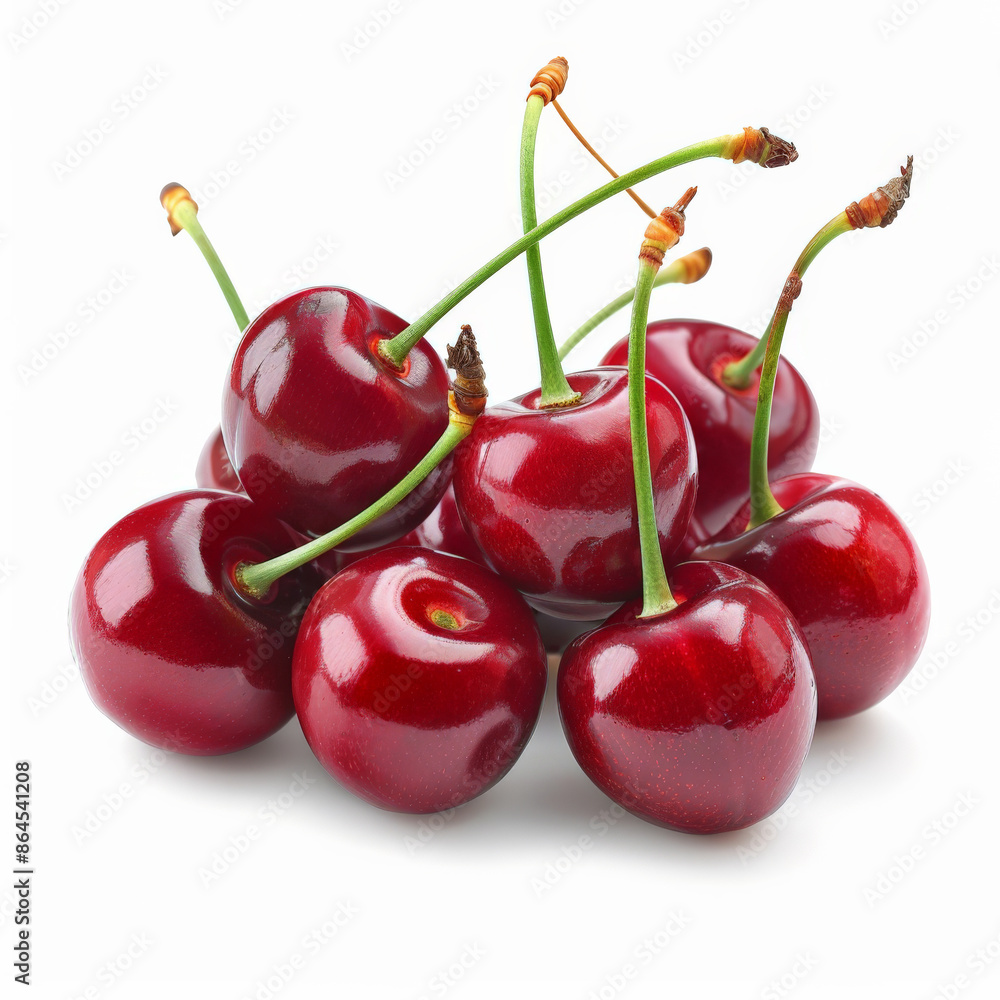 A cluster of fresh, ripe cherries with green stems, isolated on white background A cluster of fresh, ripe cherries with green stems, isolated on white background