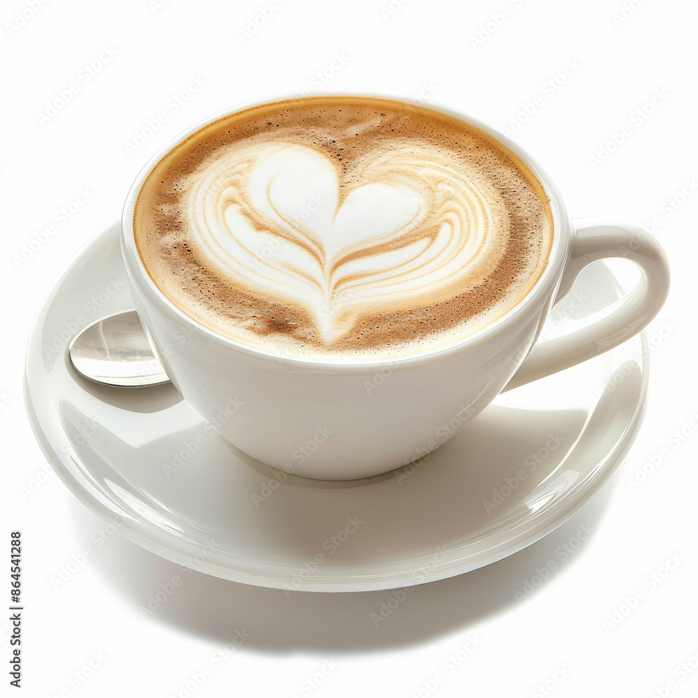 A cappuccino with a perfect foam art heart on top, isolated on white background A cappuccino with a perfect foam art heart on top, isolated on white background