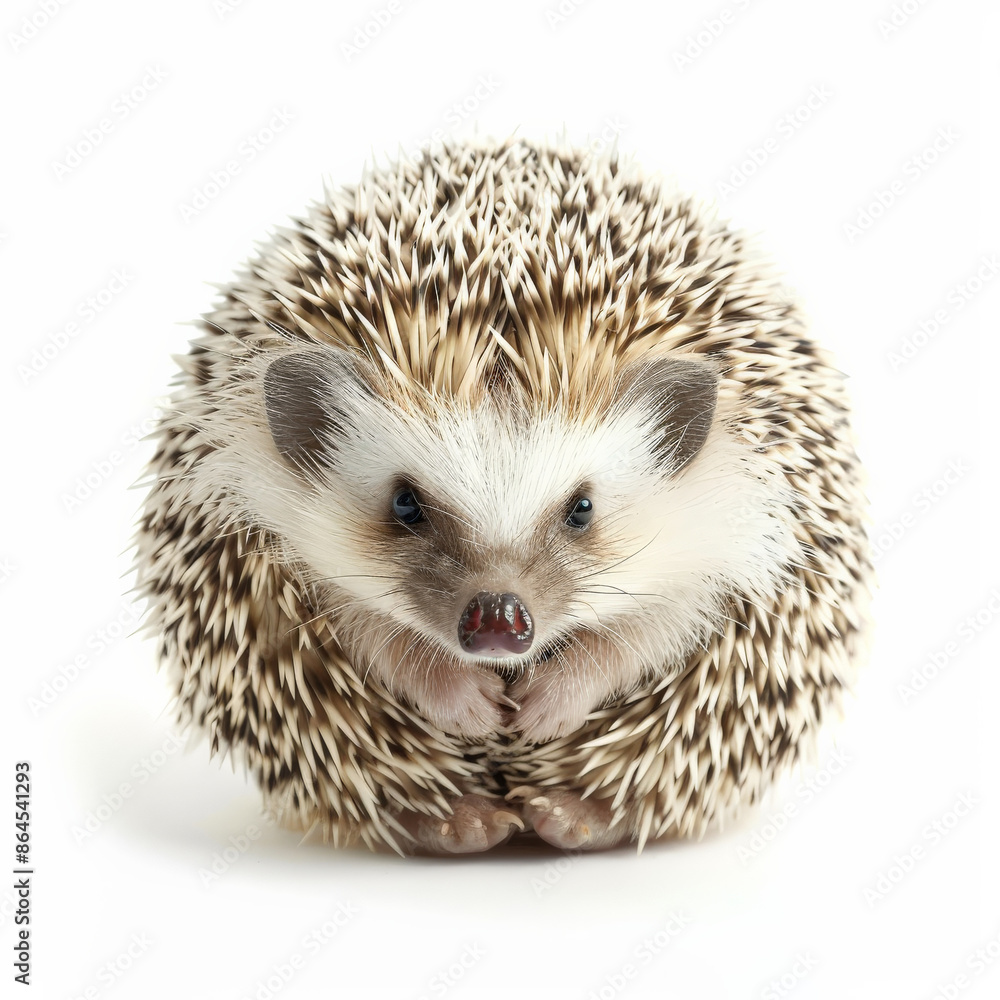 A cute baby hedgehog rolled into a little ball with its tiny face peeking out, isolated on white background A cute baby hedgehog rolled into a little ball with its tiny face peeking out, isolated on white background