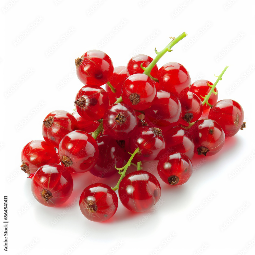 A cluster of fresh, red currants with green stems, isolated on white background A cluster of fresh, red currants with green stems, isolated on white background