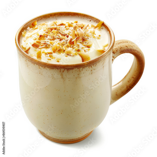 A mug of hot coconut milk latte with a sprinkle of toasted coconut, isolated on white background