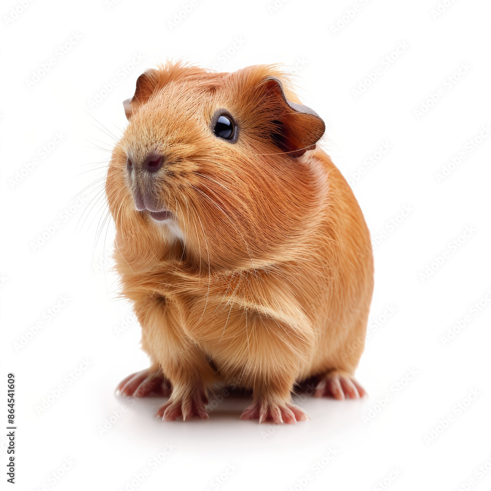 A small, cute guinea pig with a shiny coat, sitting and looking around, isolated on white background A small, cute guinea pig with a shiny coat, sitting and looking around, isolated on white background
