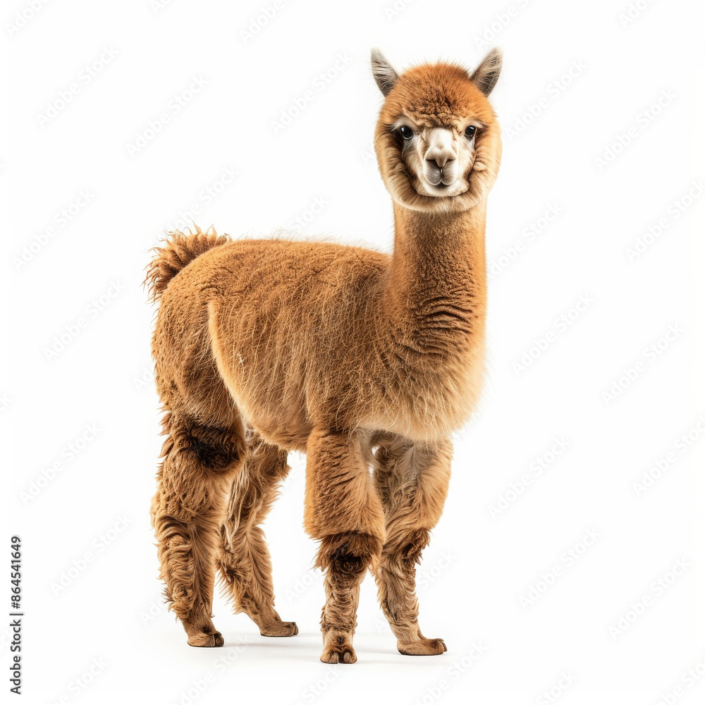 A fluffy alpaca with a friendly expression, standing and looking around, isolated on white background A fluffy alpaca with a friendly expression, standing and looking around, isolated on white background