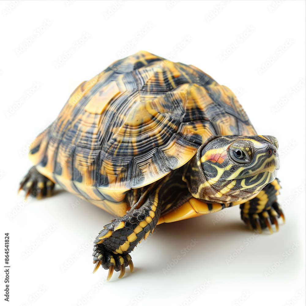 A sweet little turtle with a patterned shell, walking slowly, isolated on white background A sweet little turtle with a patterned shell, walking slowly, isolated on white background