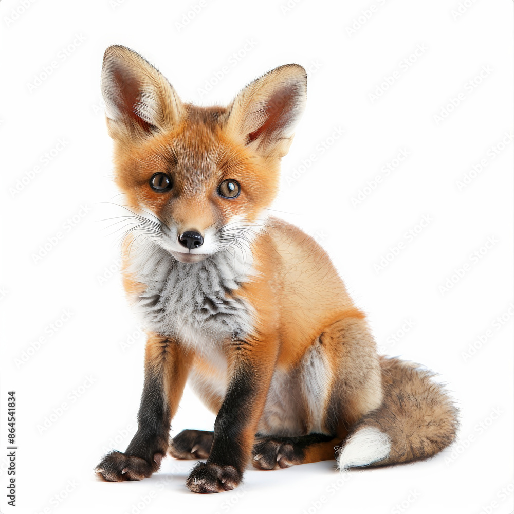 A cute red fox kit with big ears and a bushy tail, sitting and looking curious, isolated on white background A cute red fox kit with big ears and a bushy tail, sitting and looking curious, isolated on white background