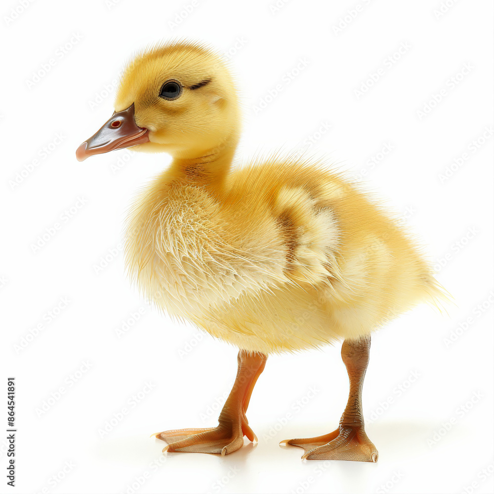 A tiny baby duckling with fluffy yellow feathers, standing on its webbed feet, isolated on white background A tiny baby duckling with fluffy yellow feathers, standing on its webbed feet, isolated on white background