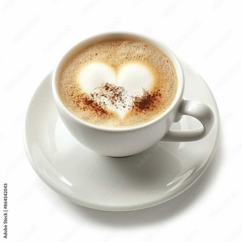 A cappuccino with a perfect foam art heart on top, isolated on white background A cappuccino with a perfect foam art heart on top, isolated on white background