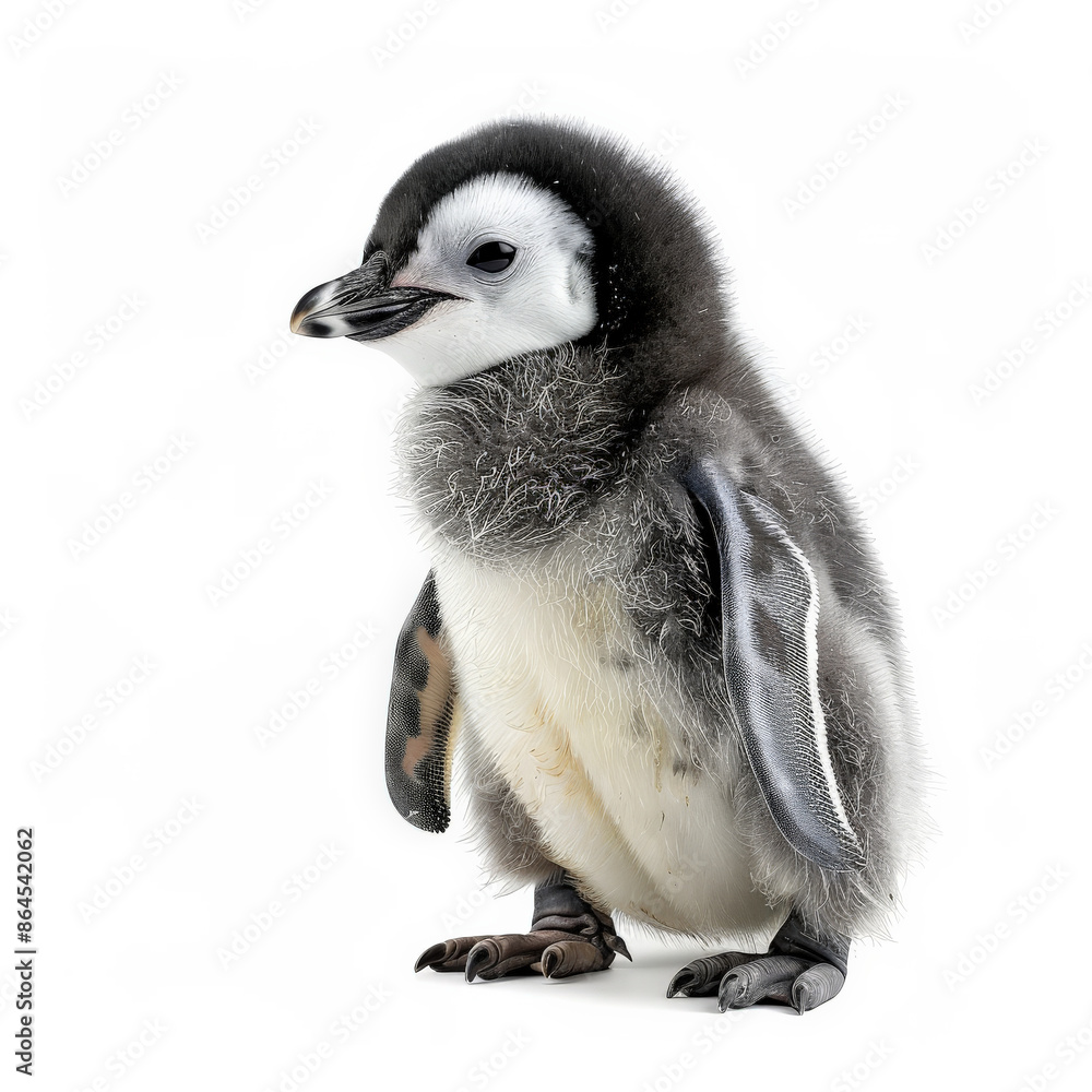 Obraz premium A baby penguin with fluffy down feathers, standing on its feet, isolated on white background