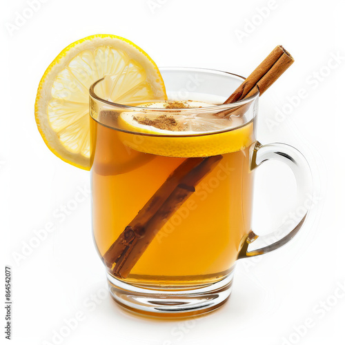 A hot toddy with a lemon slice and a cinnamon stick, isolated on white background