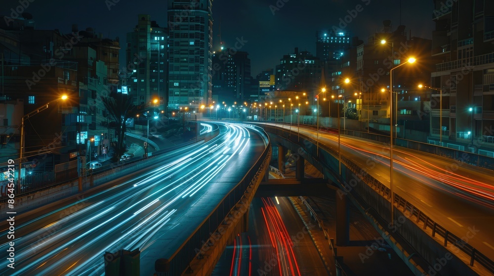 Fototapeta premium High-quality long exposure photo capturing night traffic on a highway, depicting light trails and showcasing aspects of travel and transportation