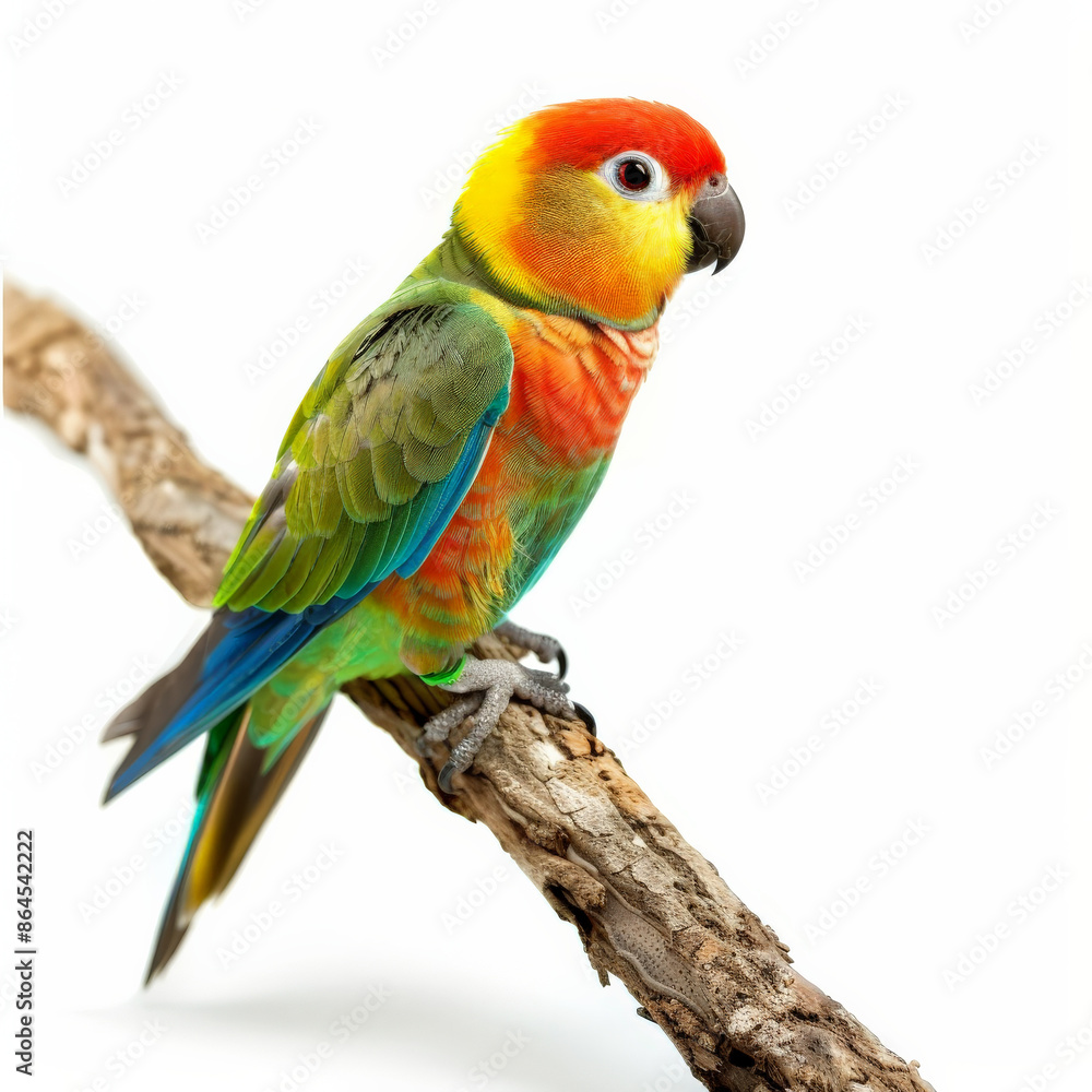 A tiny, colorful parrot perched on a branch, isolated on white background A tiny, colorful parrot perched on a branch, isolated on white background