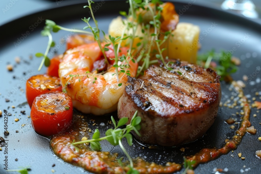 a plate of food with shrimp, potatoes and tomatoes, High-end restaurant menu showcasing a range of delicacies, including fresh seafood and prime steak cuts a plate of food with shrimp, potatoes and tomatoes, High-end restaurant menu showcasing a range of delicacies, including fresh seafood and prime steak cuts
