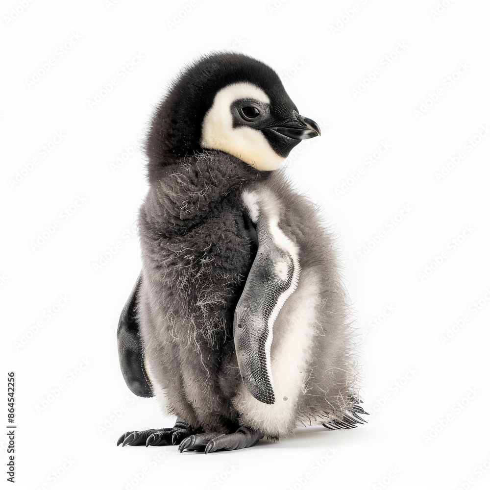 Obraz premium A baby penguin with fluffy down feathers, standing on its feet, isolated on white background