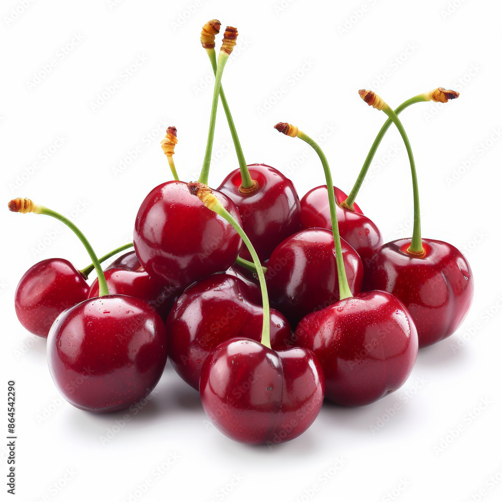 A cluster of fresh, ripe cherries with green stems, isolated on white background A cluster of fresh, ripe cherries with green stems, isolated on white background
