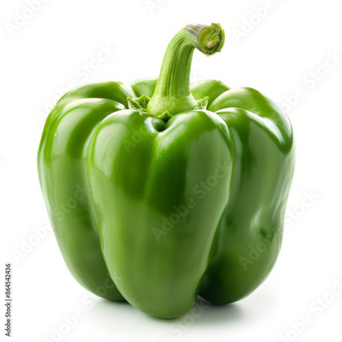 A whole green bell pepper with a shiny surface and a perfect stem, isolated on white background