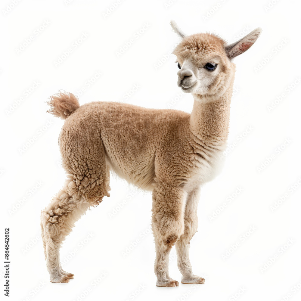 Fototapeta premium A fluffy baby alpaca with a friendly expression, standing and looking around, isolated on white background