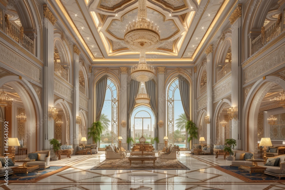 a large living room with a lot of furniture, Luxurious royal palace offering grand lifestyle in the Middle East a large living room with a lot of furniture, Luxurious royal palace offering grand lifestyle in the Middle East