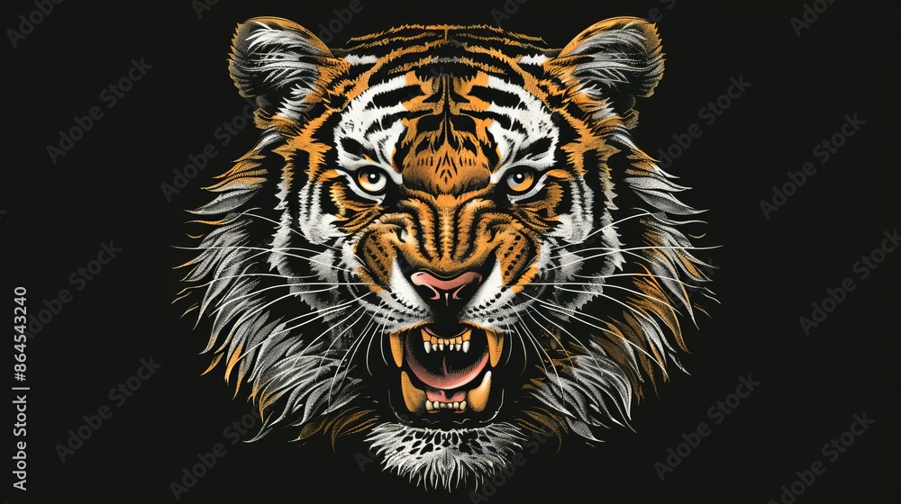 The Vector logo tiger is suitable for tattoo, T-shirt design, or outwear. The hunting-style big cat print is drawn on a black background for use on black fabric or canvas. The Vector logo tiger is suitable for tattoo, T-shirt design, or outwear. The hunting-style big cat print is drawn on a black background for use on black fabric or canvas.