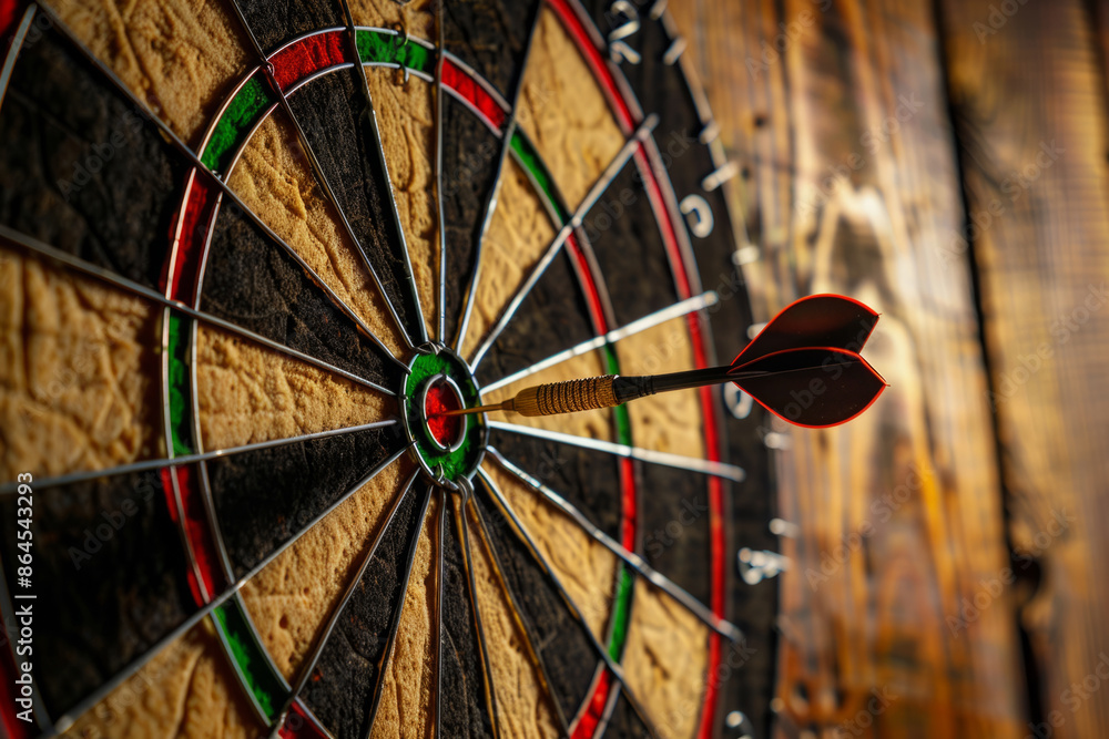 Dart hitting the bullseye on a dartboard. Business target or goal success, winner concept Dart hitting the bullseye on a dartboard. Business target or goal success, winner concept