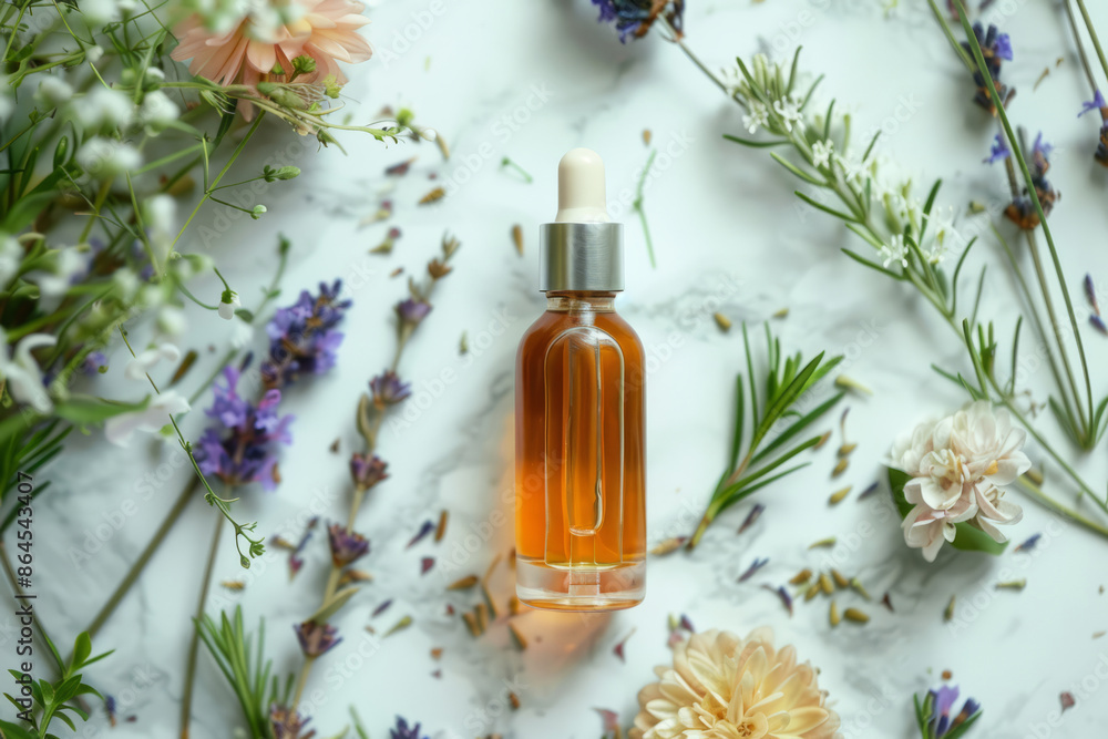 Dropper bottle filled with botanical essence surrounded by flowers and herbs Dropper bottle filled with botanical essence surrounded by flowers and herbs