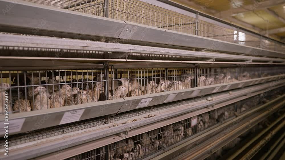 Farming little quail birds at the poultry facility for eggs food production. Keeping lots of quail birds in the farming metal cages. Farming small quail birds in the enclosures. Chicks. Farming little quail birds at the poultry facility for eggs food production. Keeping lots of quail birds in the farming metal cages. Farming small quail birds in the enclosures. Chicks.