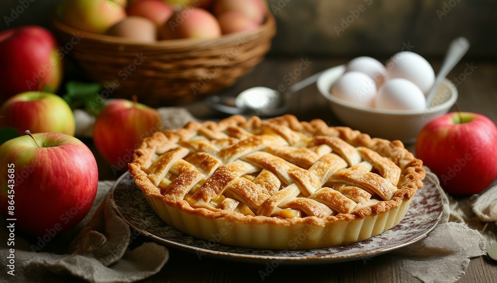A pie sits on a plate amidst ingredients and utensils. Apples are scattered nearby, with bowls holding eggs. Spoons are arranged around, suggesting preparation or serving with extra apples. A pie sits on a plate amidst ingredients and utensils. Apples are scattered nearby, with bowls holding eggs. Spoons are arranged around, suggesting preparation or serving with extra apples.