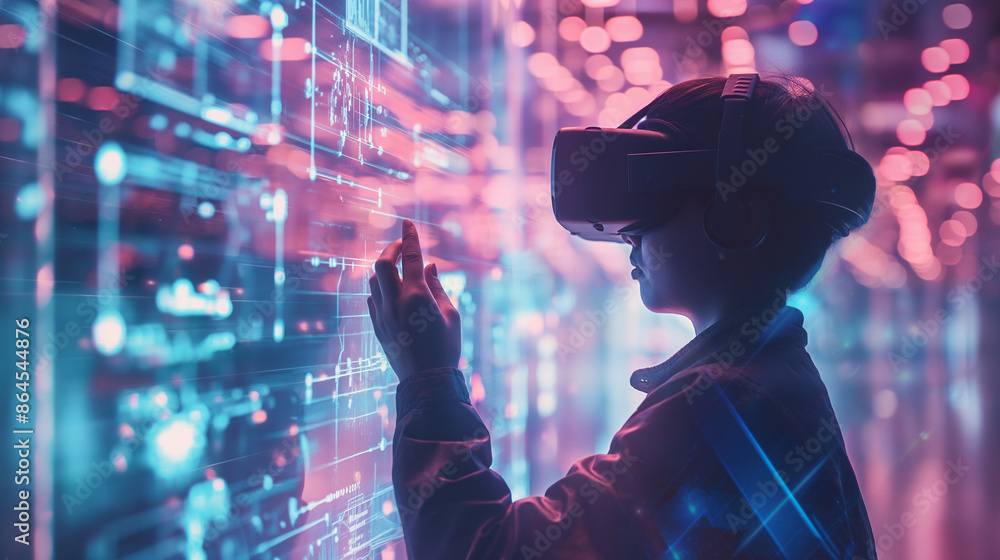 Person using a virtual reality headset in a futuristic environment interacting with 3D graphics. Generative AI