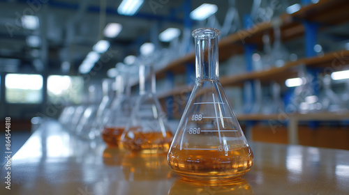 a Test beakers and flasks at laboratory