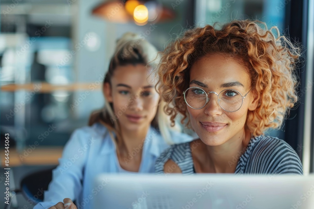 Two women are working together on a computer project, signifying collaboration, teamwork, and productivity in a modern, well-lit office environment. Two women are working together on a computer project, signifying collaboration, teamwork, and productivity in a modern, well-lit office environment.