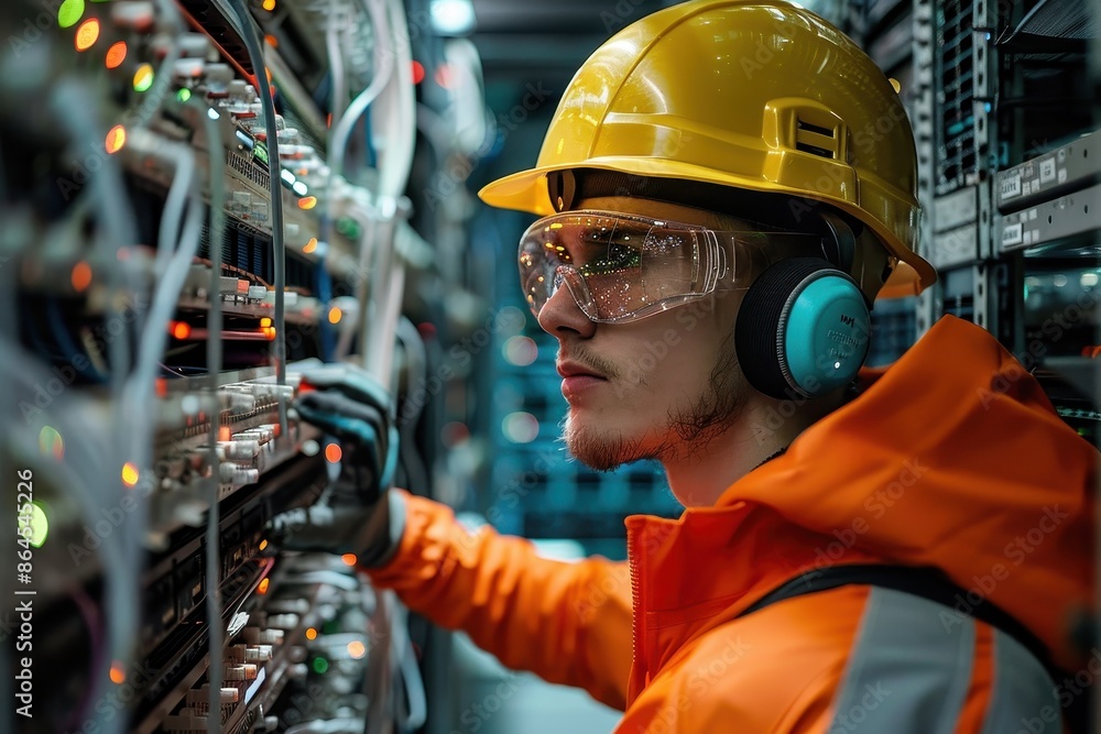 A technician, equipped with headphones, focuses on working with circuits in an electrical panel, wearing orange safety gear and a yellow hard hat in a well-lit industrial environment. A technician, equipped with headphones, focuses on working with circuits in an electrical panel, wearing orange safety gear and a yellow hard hat in a well-lit industrial environment.
