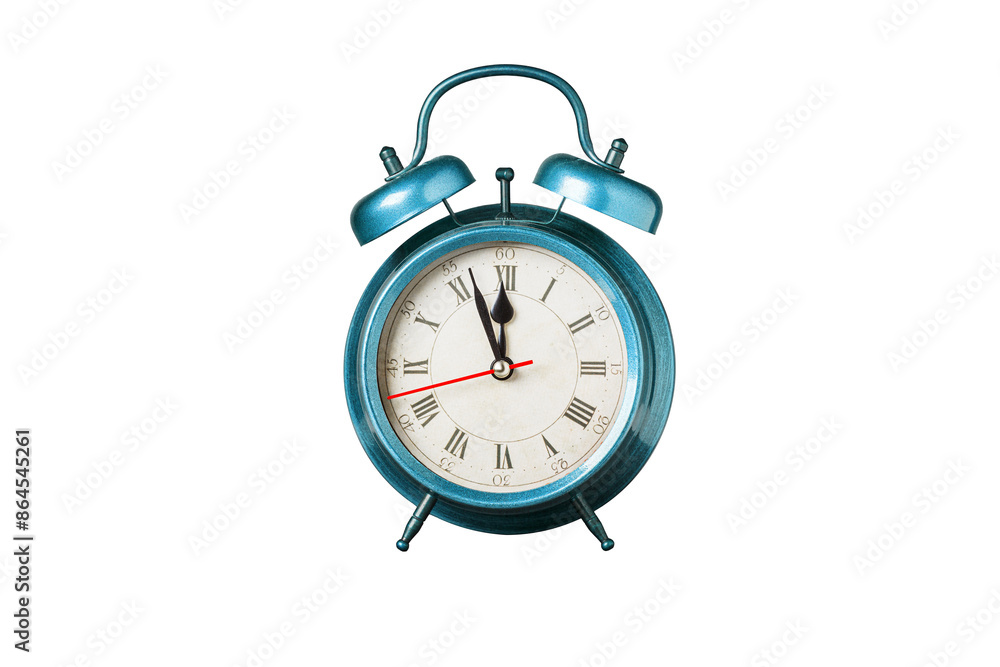 retro clock, pointer clock, blue color alarm clock on isolated white background close up retro clock, pointer clock, blue color alarm clock on isolated white background close up