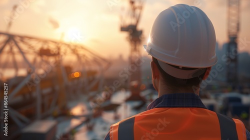 Construction worker in safety gear overlooking a busy construction site at sunset, highlighting the industrial progress and hard work.