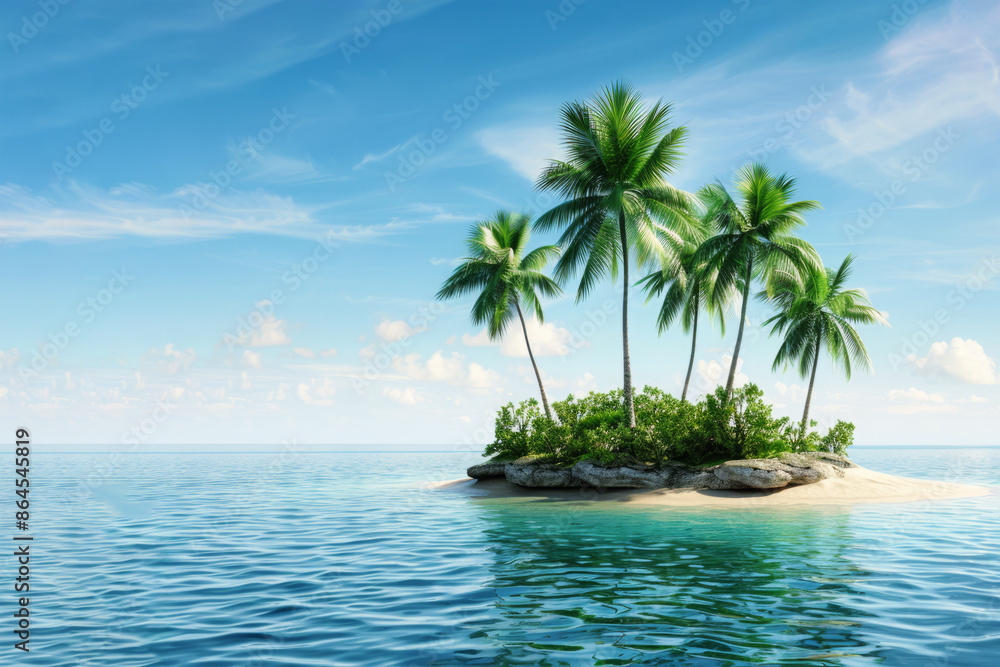 Obraz premium Tiny tropical island with lush palm trees and clear blue waters under bright, sunny sky.