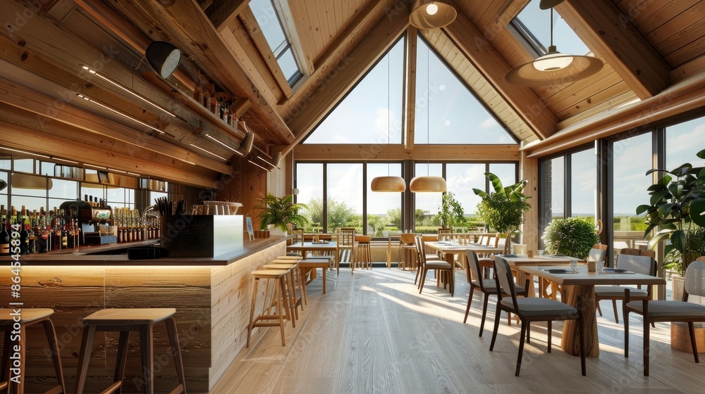 Wooden cafe interior with bar island and dining area, panoramic attic window Wooden cafe interior with bar island and dining area, panoramic attic window