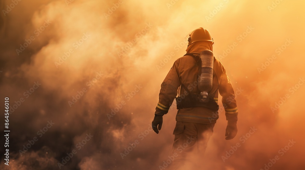 Firefighter in gear walking through thick smoke and flames, highlighting bravery and danger in emergency rescue operations. Firefighter in gear walking through thick smoke and flames, highlighting bravery and danger in emergency rescue operations.