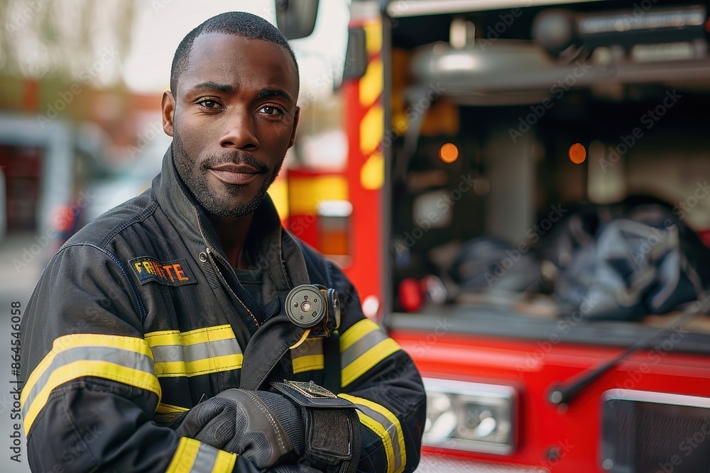 A smiling firefighter stands confidently with arms crossed in front of a red fire truck, radiating assurance and readiness to take on any fire emergency situation. A smiling firefighter stands confidently with arms crossed in front of a red fire truck, radiating assurance and readiness to take on any fire emergency situation.