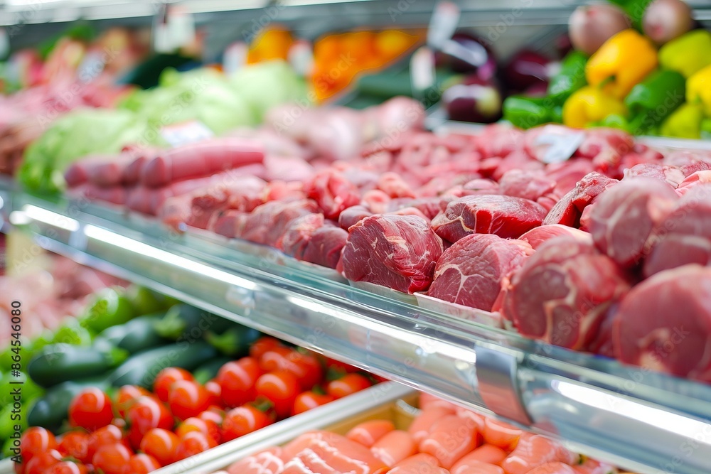 Fresh cuts of raw meat displayed at a supermarket with vegetables in the background, showcasing grocery shopping and meal preparation ingredients. Fresh cuts of raw meat displayed at a supermarket with vegetables in the background, showcasing grocery shopping and meal preparation ingredients.