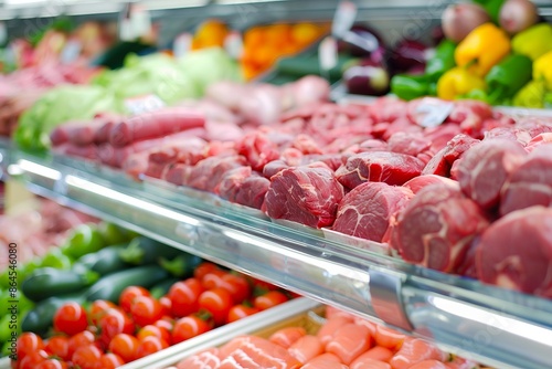 Fresh cuts of raw meat displayed at a supermarket with vegetables in the background, showcasing grocery shopping and meal preparation ingredients. © GenBy