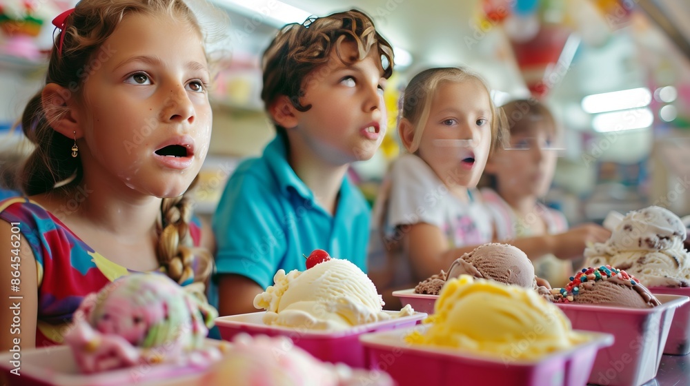 In a vibrant ice cream parlor, excited children eagerly choose favorite flavors and create personalized treats. In a vibrant ice cream parlor, excited children eagerly choose favorite flavors and create personalized treats.