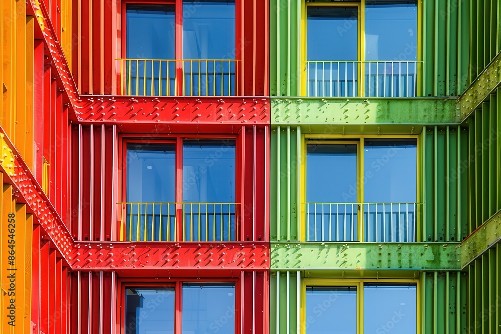 A striking building facade showcasing a series of green, red, and yellow windows, the colorful metal panels adding depth to the modern architectural design. A striking building facade showcasing a series of green, red, and yellow windows, the colorful metal panels adding depth to the modern architectural design.