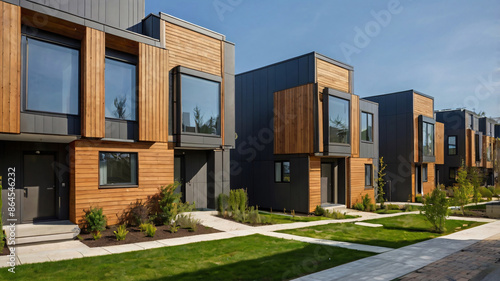 Street with modern modular private townhouses. Appearance of residential architecture