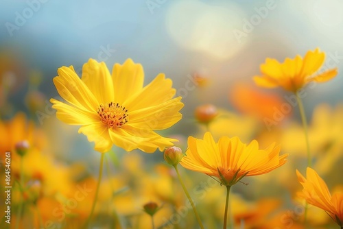A picturesque scene of yellow cosmos flowers gently swaying in the sunlight, capturing the movement and elegance of nature's beauty in a tranquil field on a sunny day.