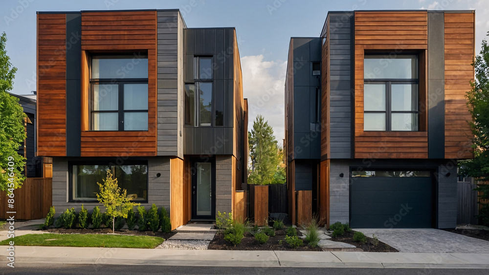 Street with modern modular private townhouses. Appearance of residential architecture Street with modern modular private townhouses. Appearance of residential architecture