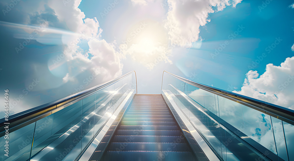 Modern staircase escalator to the sky with bright sunshine. Modern staircase escalator to the sky with bright sunshine.