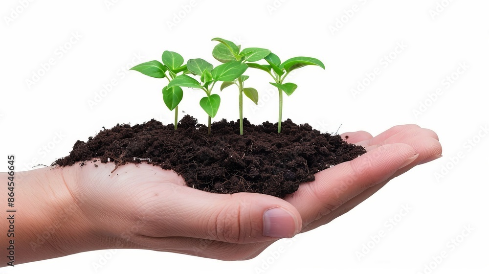 Hand holding soil with young green plants, symbolizing growth, nurturing, and environmental care on a white background. Hand holding soil with young green plants, symbolizing growth, nurturing, and environmental care on a white background.