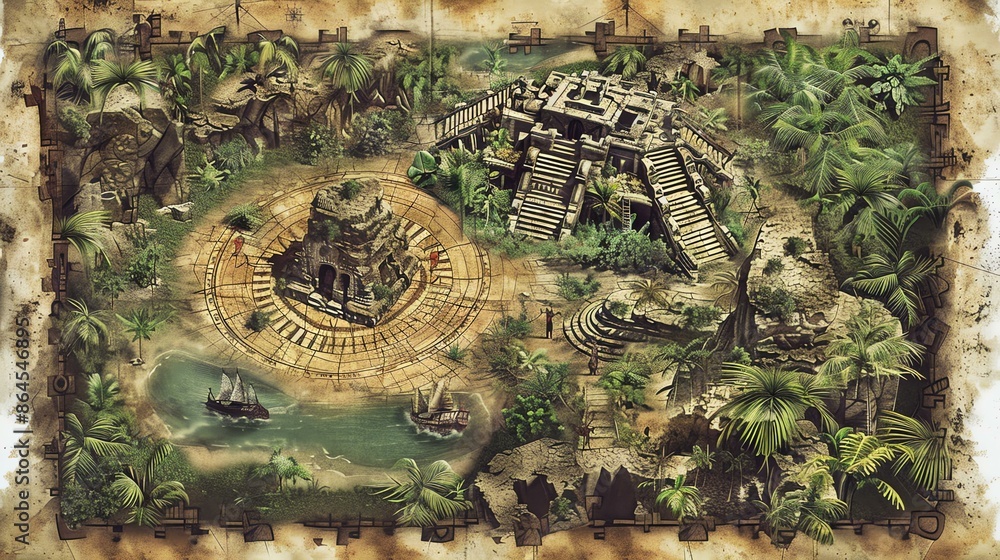 An ancient map of a tropical island. The map shows a beach, a jungle ...