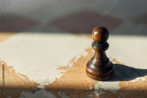 A striking image of a single chess pawn casting a strong shadow on a textured board, symbolizing strategy and focus, captured with excellent detail and lighting. photo