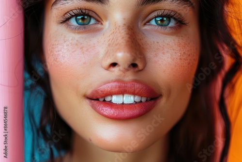 Wallpaper Mural A person with curly hair standing in front of a vibrant background with contrasting pink and blue hues creating a visually striking composition. Torontodigital.ca