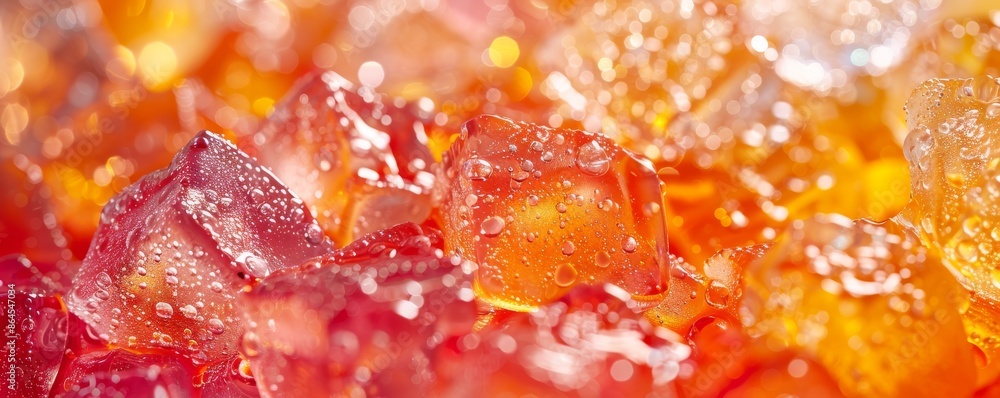 Close-up of refreshing orange and red soda with ice cubes and water droplets Close-up of refreshing orange and red soda with ice cubes and water droplets